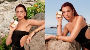 Dua Lipa Sports Cutout Swimsuit na campanha de perfume Saint Laurent